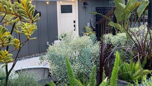 Un jardin avec différentes plantes et une chaise.