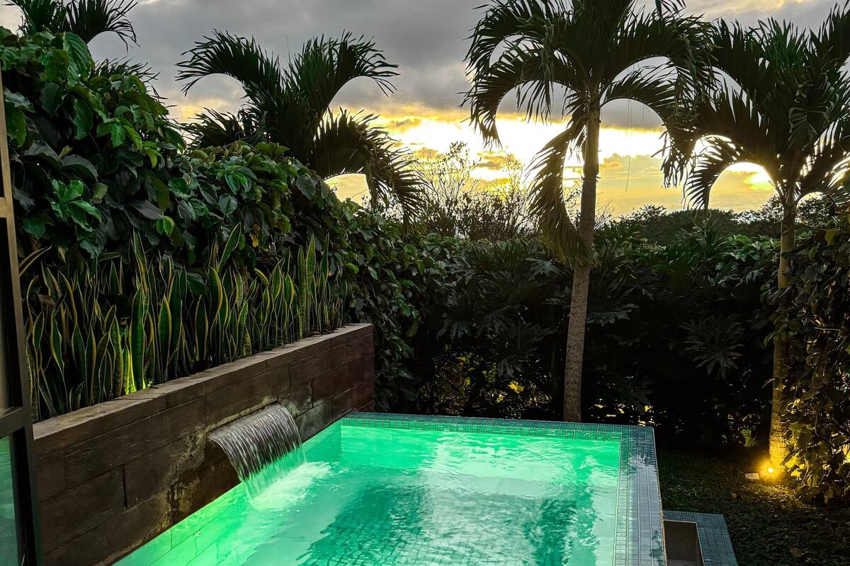 A rectangular pool with a waterfall feature, surrounded by lush greenery and palm trees, under a cloudy sky.