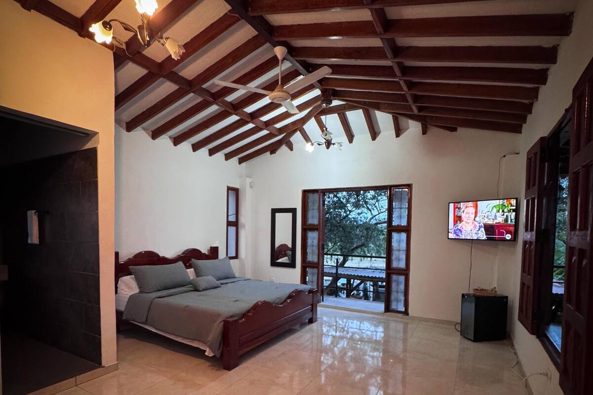A bedroom with a bed, a TV, and a balcony.