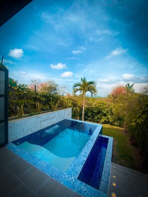 Una piscina rectangular con borde de azulejos, rodeada por un muro bajo y abundante vegetación.