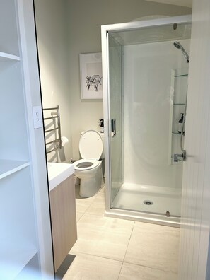 Une salle de bain moderne avec une douche à parois de verre, des toilettes et un lavabo.