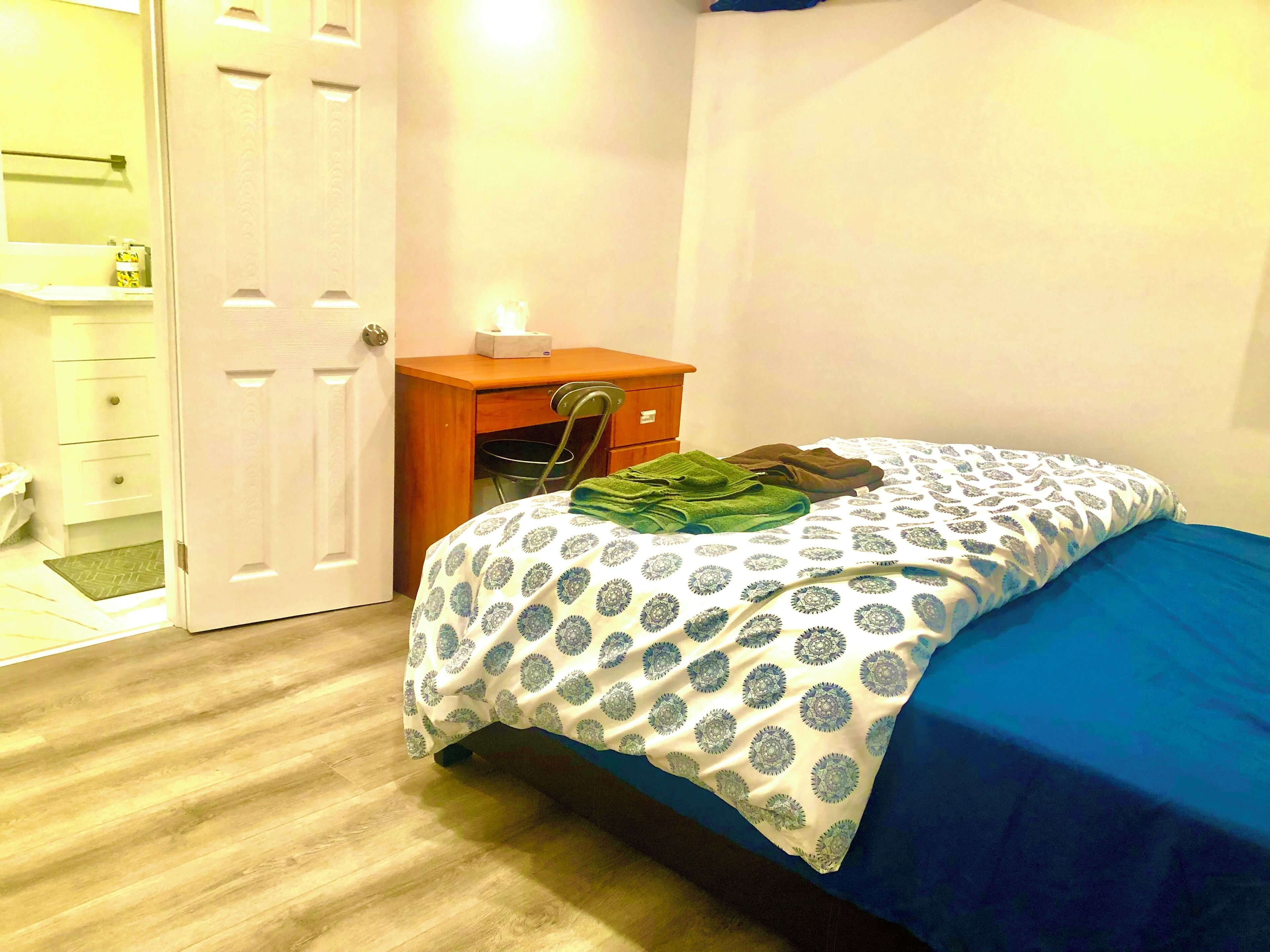 Une chambre à coucher avec un lit, une table de chevet en bois, une porte blanche et une petite commode en bois.