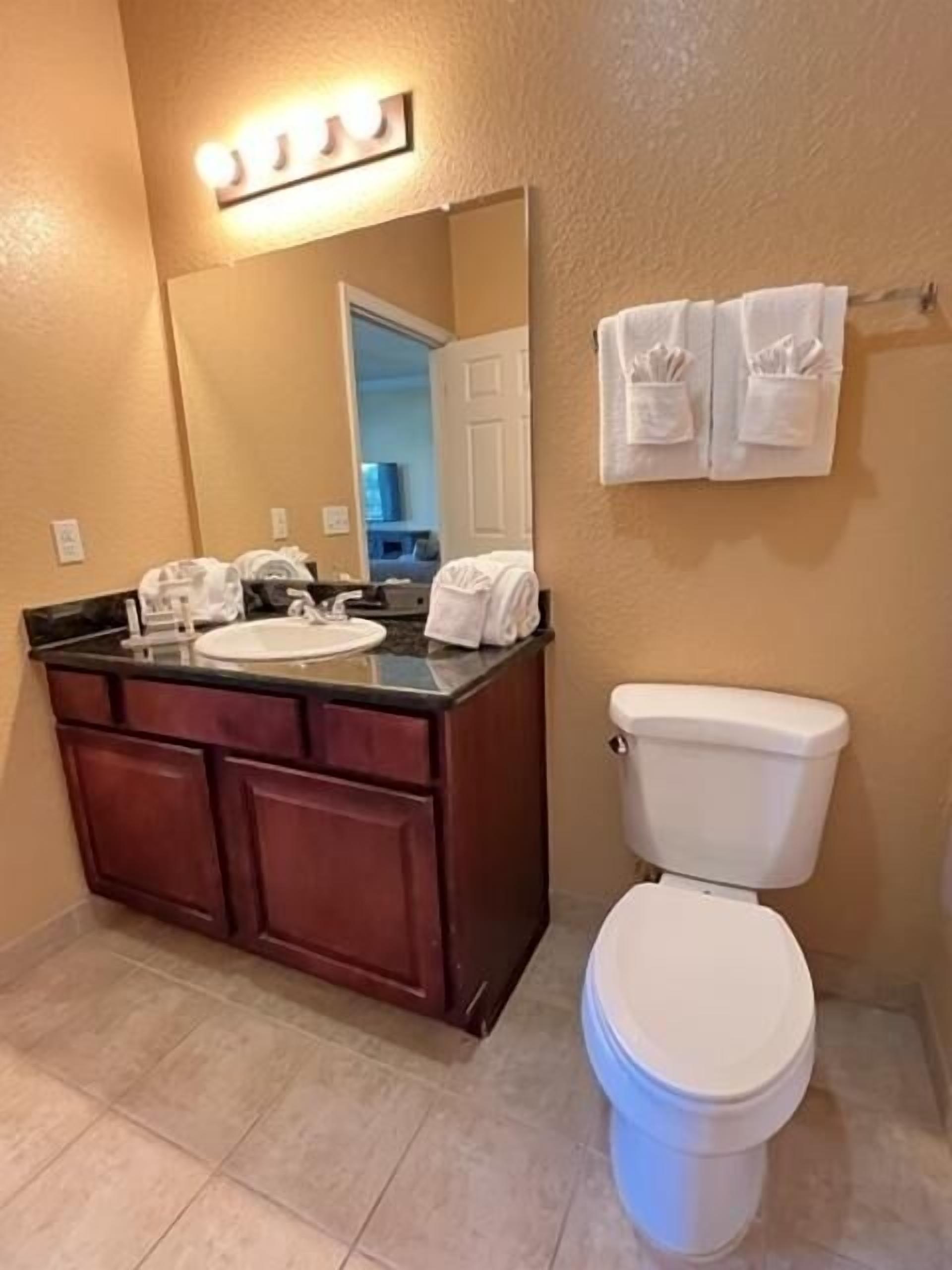 Un bagno con lavabo, specchio e servizi igienici.