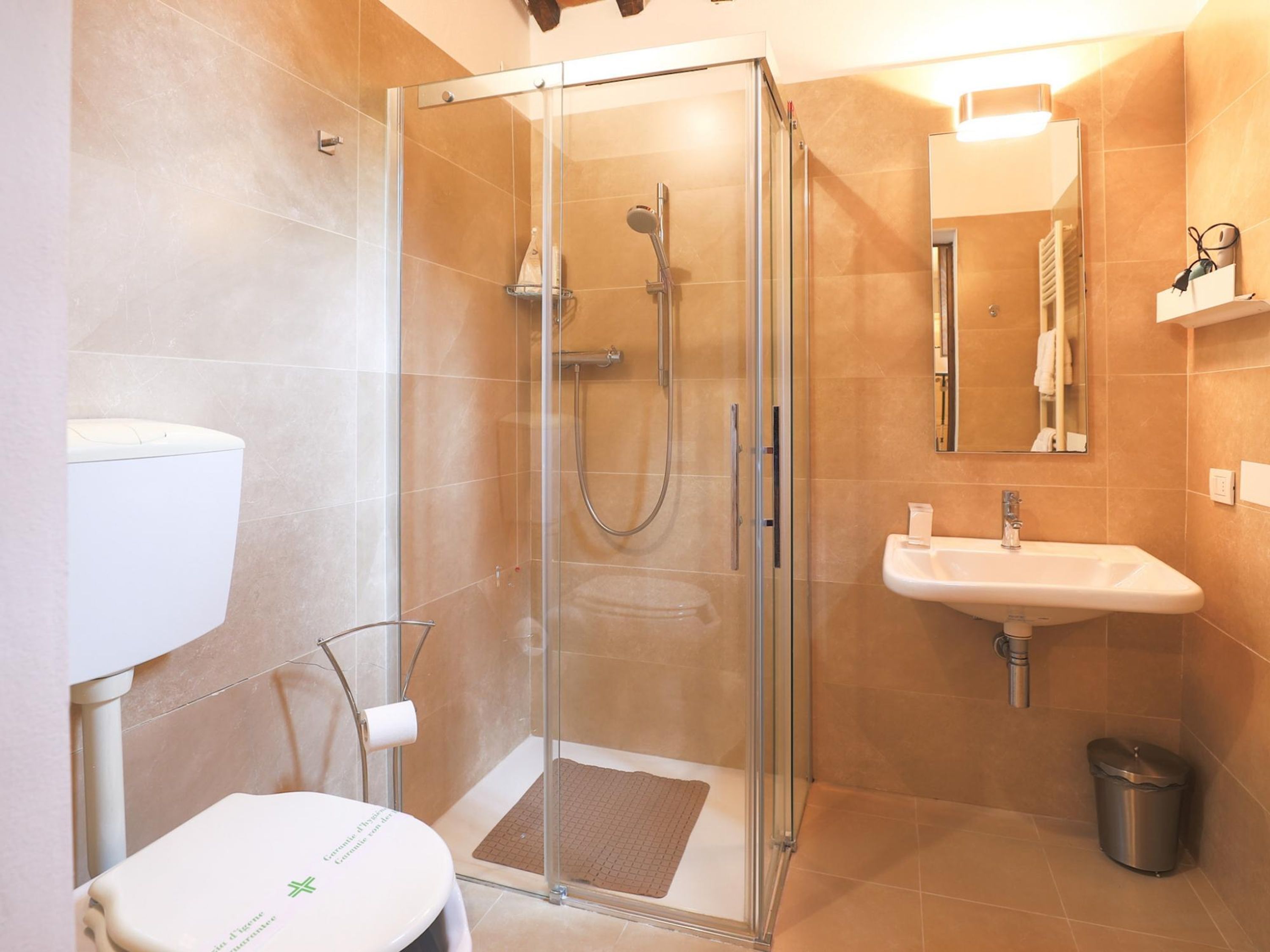A modern bathroom with a glass-enclosed shower, a white sink, and a toilet.