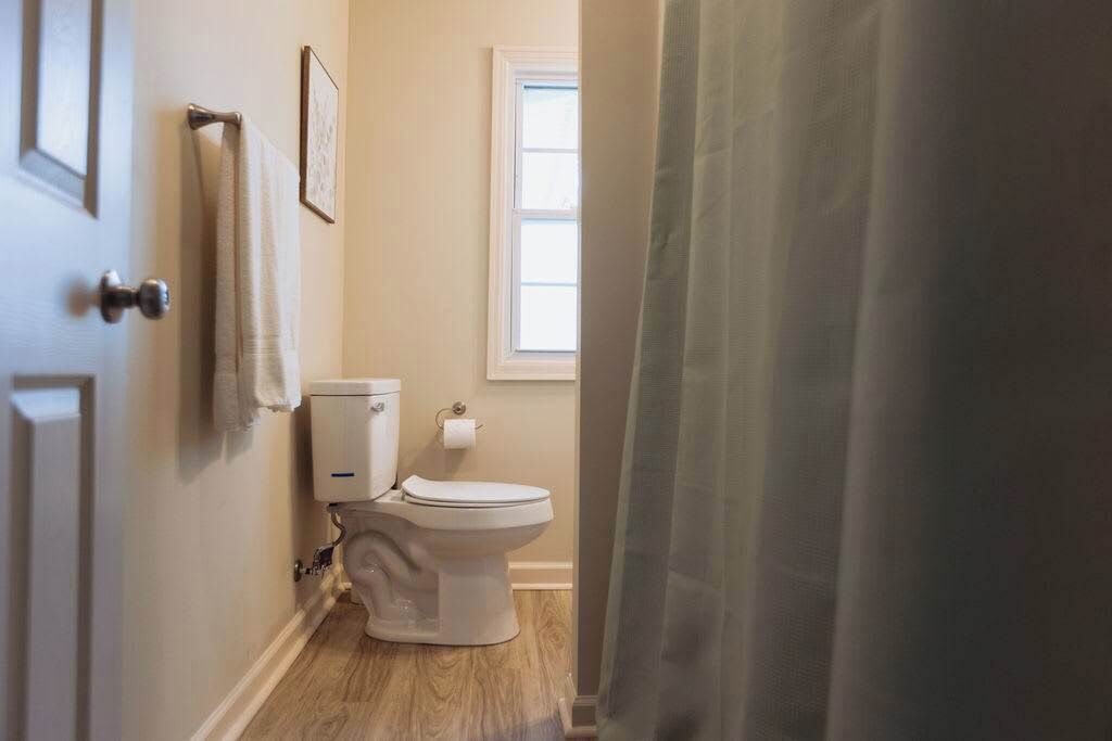 A bathroom with a toilet, a window, and a shower curtain.