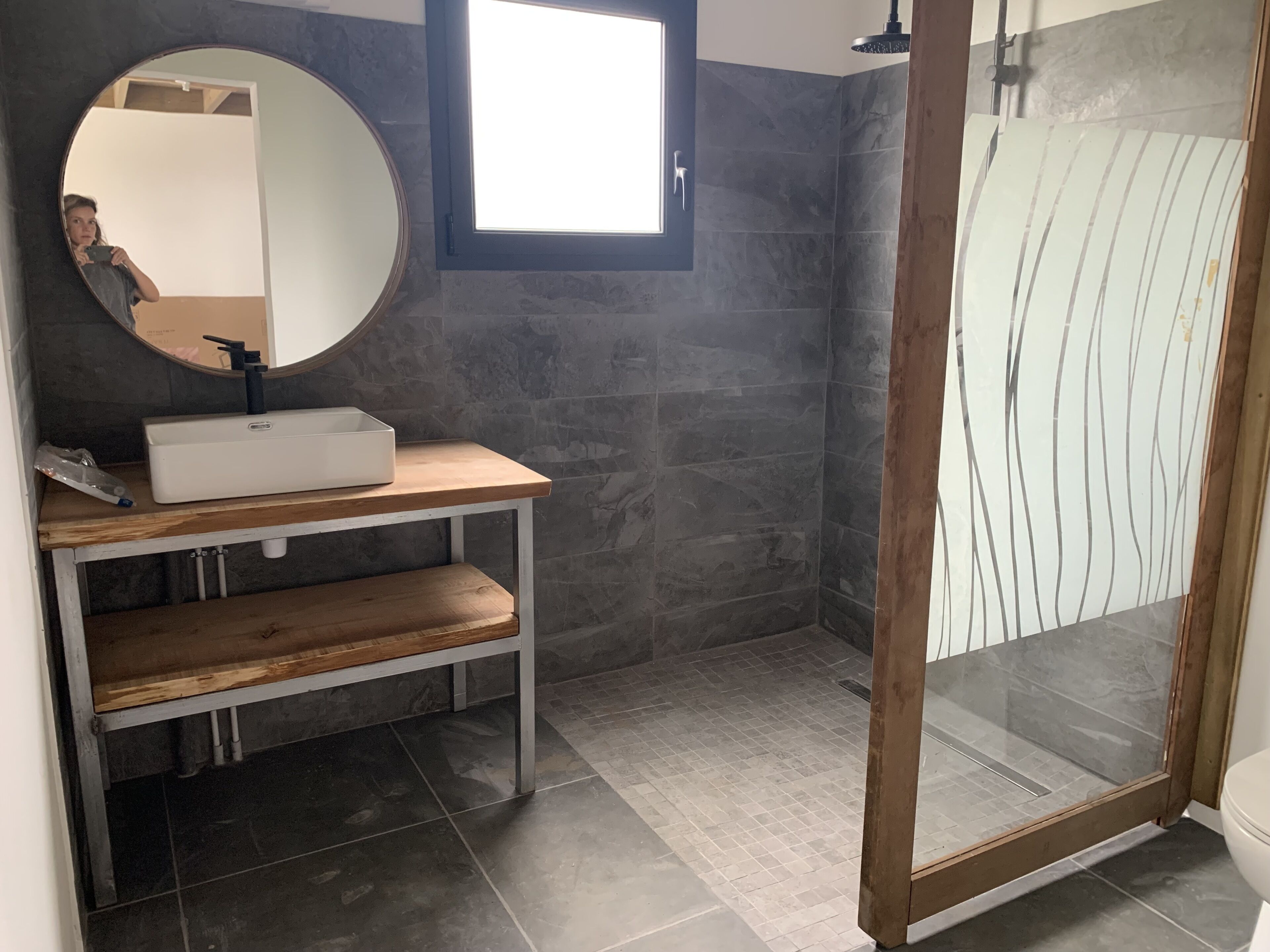 Shower, hair dryer, soap, shampoo