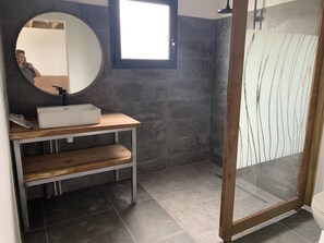 Shower, hair dryer, soap, shampoo