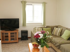 A living room with a television on a wooden cabinet, a sofa with striped cushions, a window with green curtains, and a vase with flowers on a wooden table.