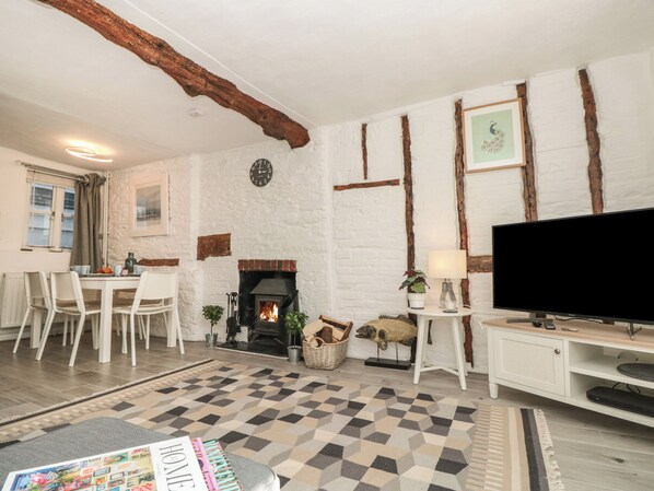 A cozy living room with a fireplace, a dining area with chairs, a television, and a patterned rug.