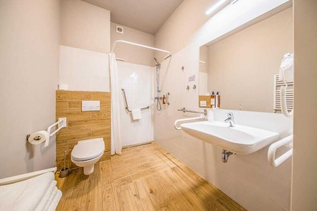 Ein modernes Badezimmer mit Holzboden, Toilette in Weiß, einer Dusche mit Haltegriff und einem Waschbecken mit Spiegel.