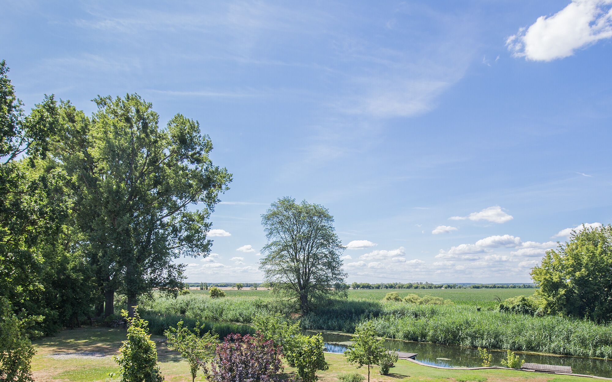 Un paysage rural avec un étang, des arbres et des champs à perte de vue.
