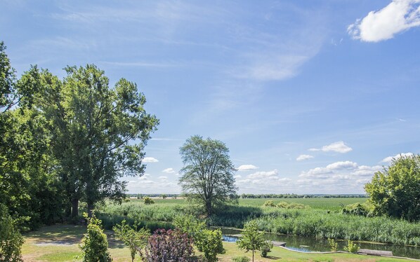 A rural landscape with a pond, trees, and open fields.
