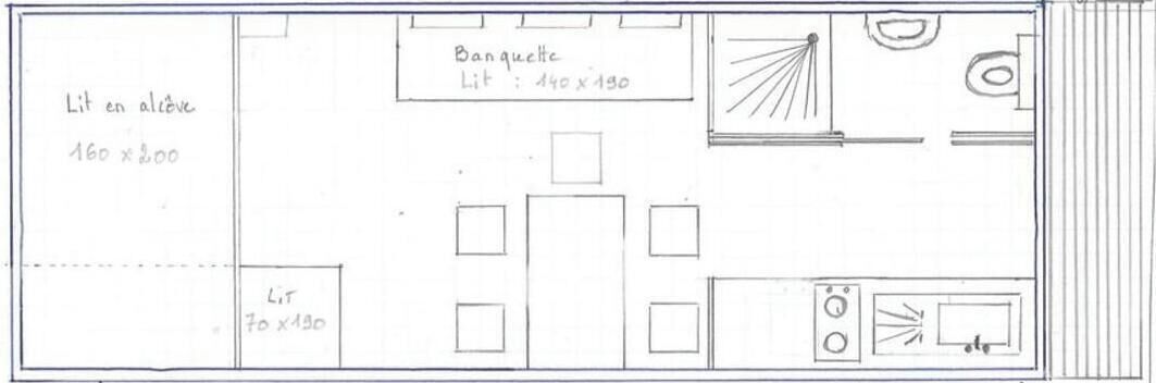 A kitchen layout with a banquette, two different-sized workspaces, and a stove.