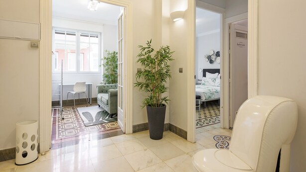 A hallway with a potted plant, a white chair, and a bed in the background.