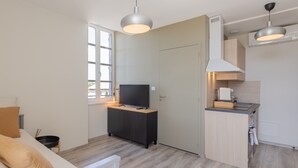 A compact living space with a kitchenette, a television on a stand, and a dining area. - Apartment In A Hotel 'Chatus' with Wi-Fi and Air Conditioning (Ruoms)