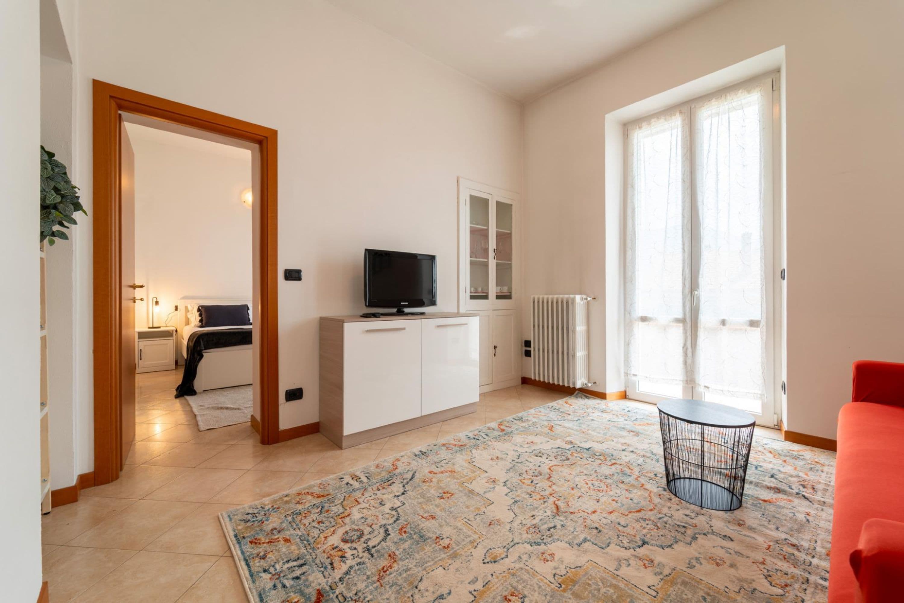 A modern living room with a television, a cabinet, a radiator, and a large window.