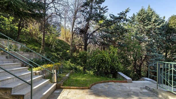 Un escalier en pierre mène à un espace sur le toit, délimité par une rambarde en métal, et entouré d’arbres et de verdure.