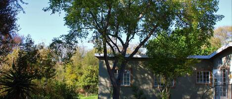 Una casa con un árbol grande al frente, un césped bien cuidado y un cielo despejado.