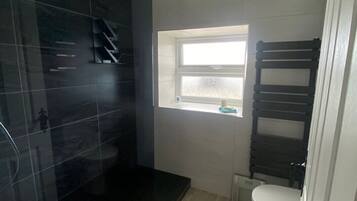 Shower, towels, toilet paper