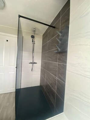 Shower, towels, toilet paper