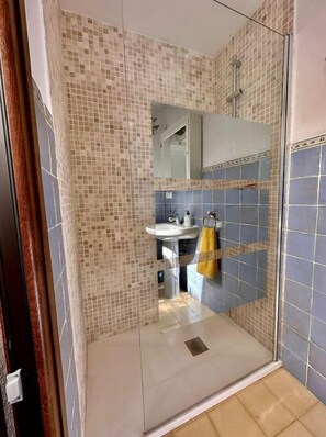 Hair dryer, towels, soap, toilet paper