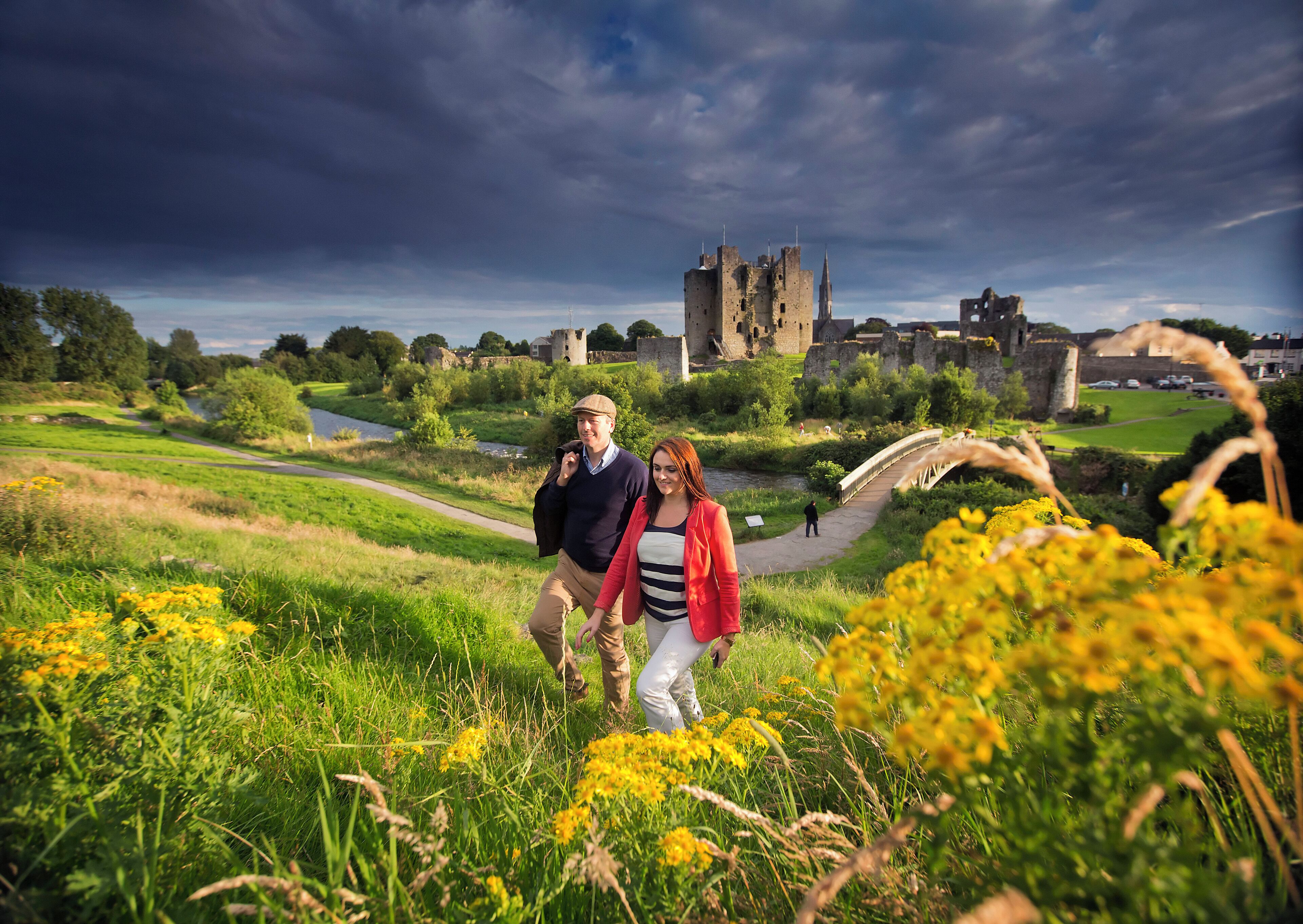 A castle with a moat and a bridge in the background.