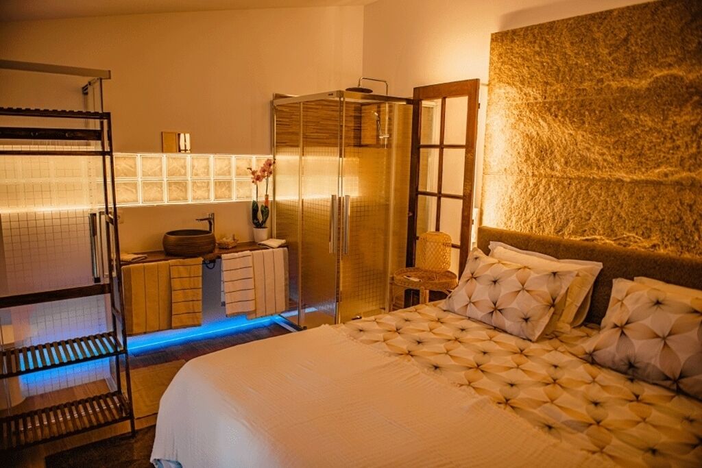 Camera d'albergo con un letto grande, un armadio a muro, una doccia e una parete con texture.