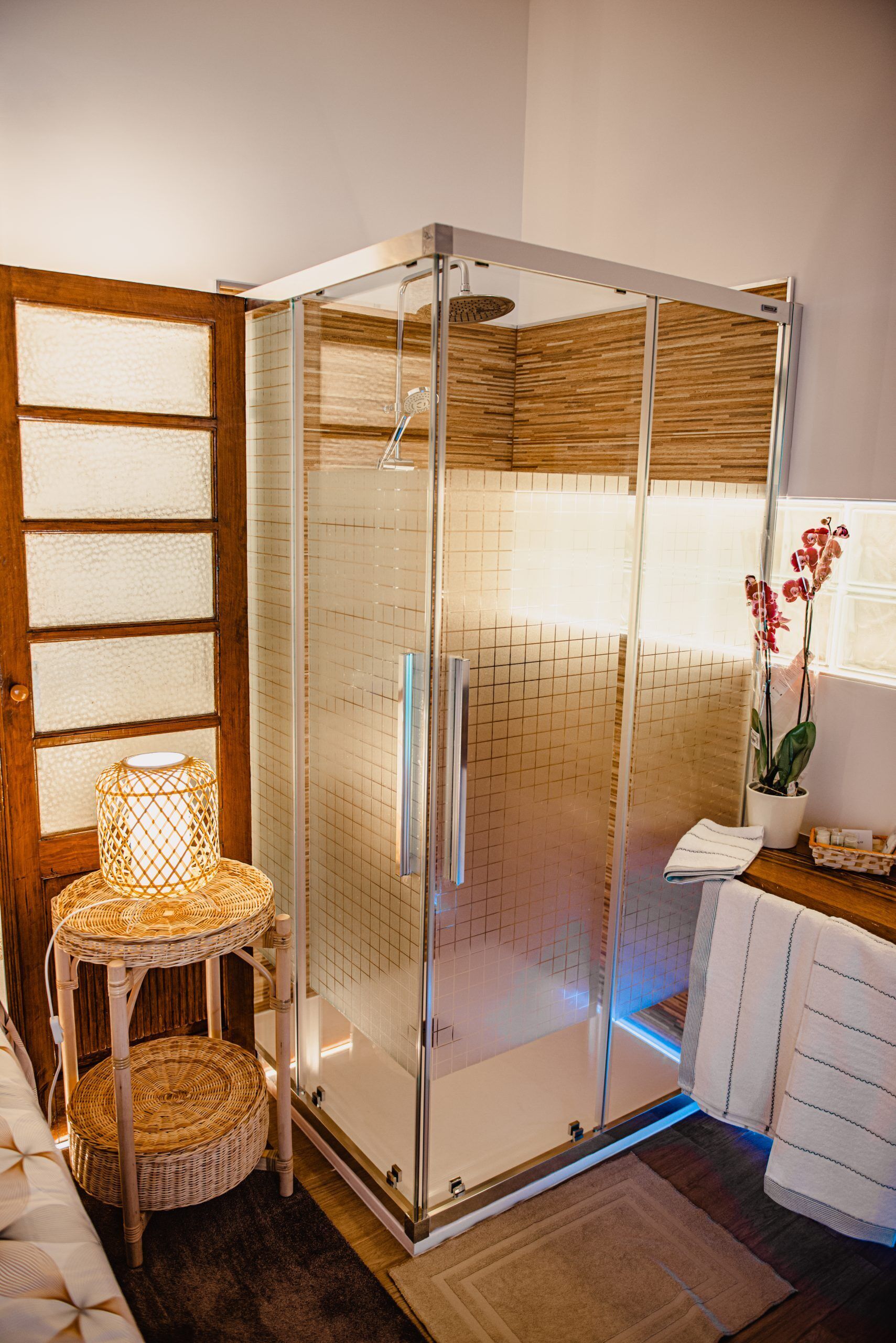 Shower, towels, soap, shampoo