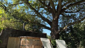 A wooden deck with two lounge chairs, a thatched wall, and a large tree. - Treat yourself to a true escape, far from the noise and the everyday routine. (Marcilly-en-Gault)