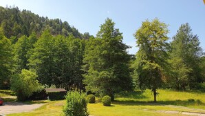 Une zone herbeuse avec un chemin pavé, des arbres et un petit bâtiment.