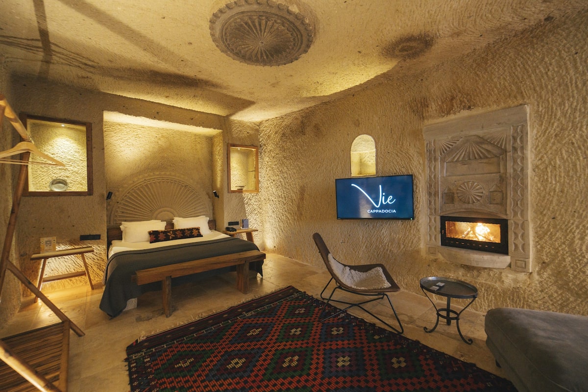 Un dormitorio acogedor con cama, televisor, chimenea y alfombra estampada.