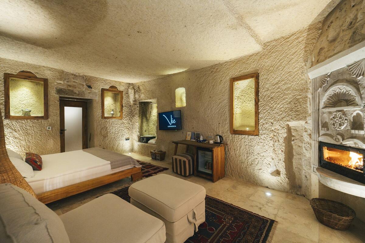 Una habitación rústica con una cama, un sofá, un televisor y una chimenea.