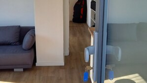 Ein modernes Wohnzimmer mit einer Couch, einer Glastür und einem Flur, der zum Schlafzimmer führt.
