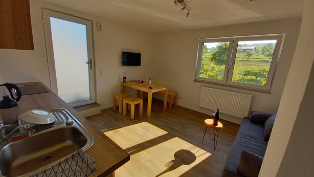 Eine kompakte Küche mit Spüle, ein Essbereich mit Tisch und Stühlen, ein an der Wand befestigter Fernseher und ein Fenster mit Blick auf Grünflächen.