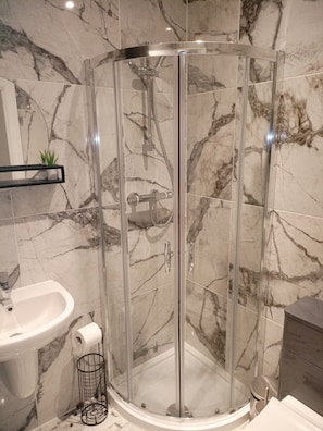 Shower, towels, soap, toilet paper