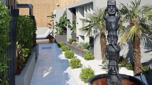 Un espacio exterior moderno con un sendero, una estatua y plantas.