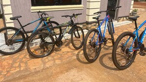 A row of bicycles parked outside a building with a stone-tiled ground.