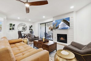 Fernseher, Kamin, Bücher, Videothek