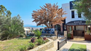 Residencia panorámica llamada BODRUM con un sendero de piedra, abundante vegetación y vista al mar.