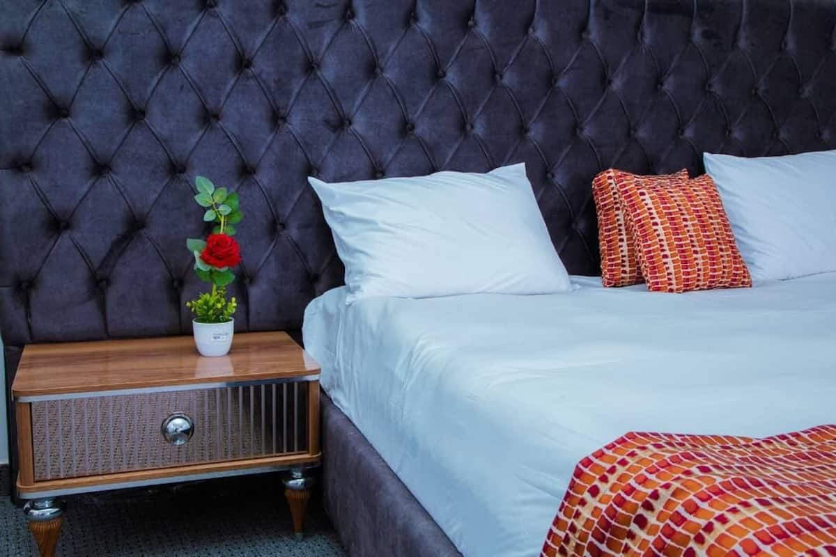 Une chambre à coucher avec une tête de lit capitonnée, une table de chevet en bois ornée d’une plante en pot, du linge de lit blanc et des coussins à motifs.