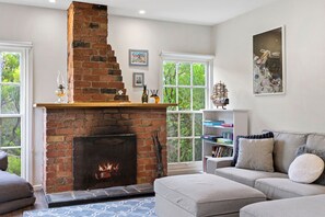 Televisión, chimenea, libros