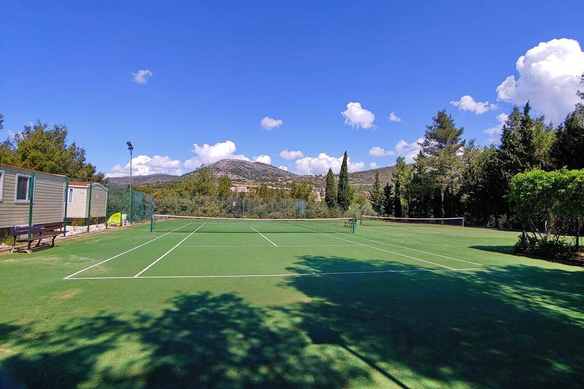 A tennis court with a net, surrounded by trees and a mountain in the background.
