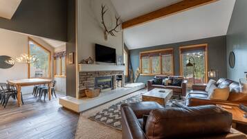 TV, fireplace, DVD player, books