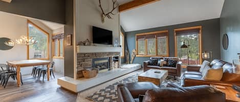 Fernseher, Kamin, DVD-Player, Bücher