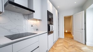 A modern kitchen with white cabinetry, a black induction cooktop, and a herringbone wood floor. - 3 Bedroom flat with Patio in Central London (London)