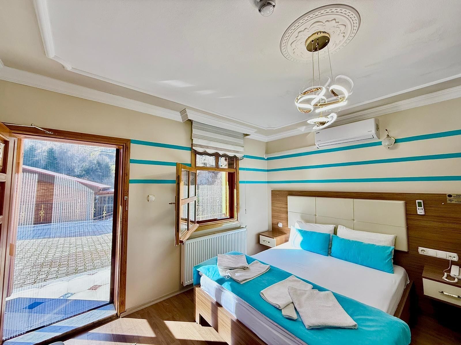 Hypo-allergenic bedding, down comforters, desk, laptop workspace