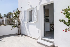 Stylish exterior with a charming entrance and lush greenery.
