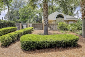 A well-maintained garden with neatly trimmed hedges, a palm tree, and a building with a curved roof.