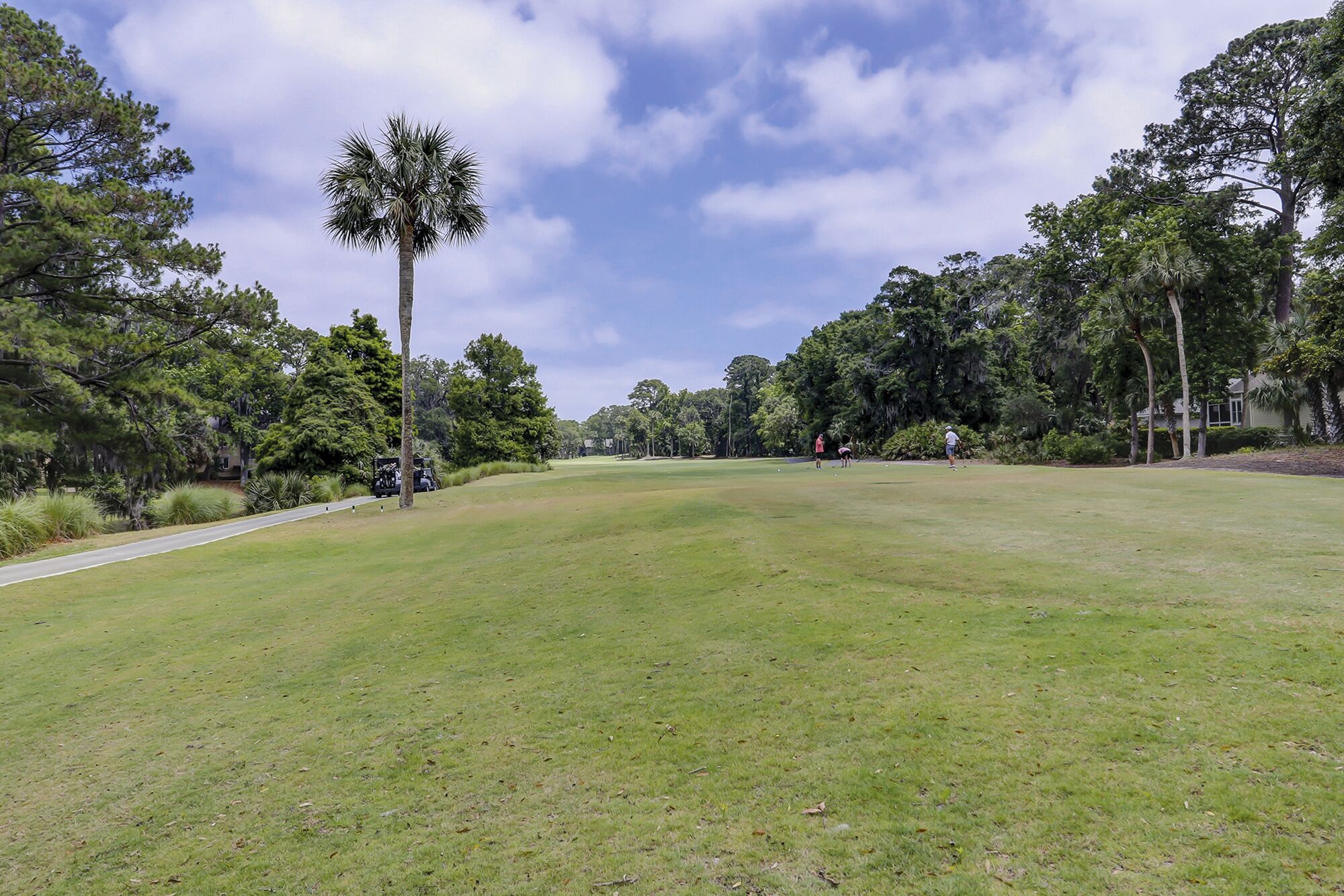 Ein Golfplatz mit freier Bahn, umgeben von Bäumen und blauem Himmel.