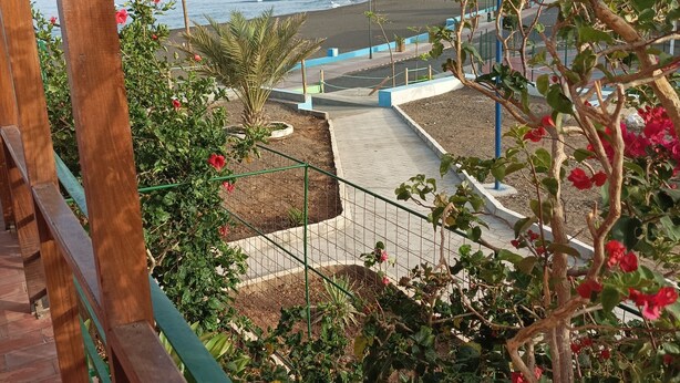 A coastal walkway with a view of the sea, surrounded by greenery and a wooden railing. - Magic Building Apartment 4 (Tarrafal)
